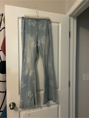 No Boundaries Light Blue Butterfly Print Flare Jeans